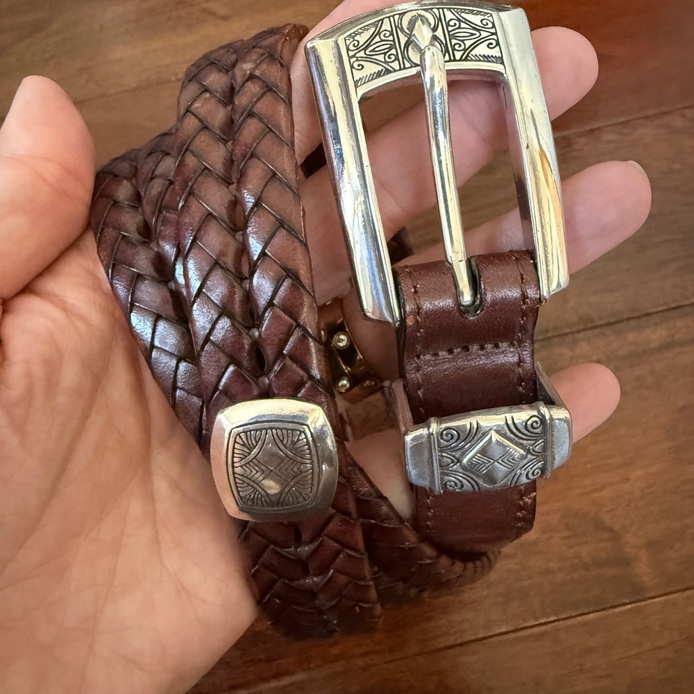 Brighton Brown Braided Leather Belt Western Boho Silver Buckle Womens 32